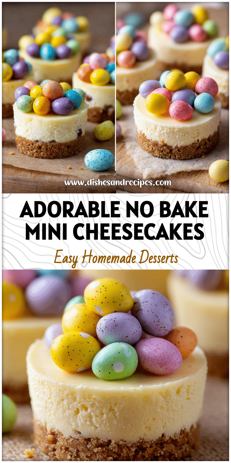 No Bake Mini Cheesecakes topped with Cadbury Mini Eggs for a colorful Mini Easter Dessert.